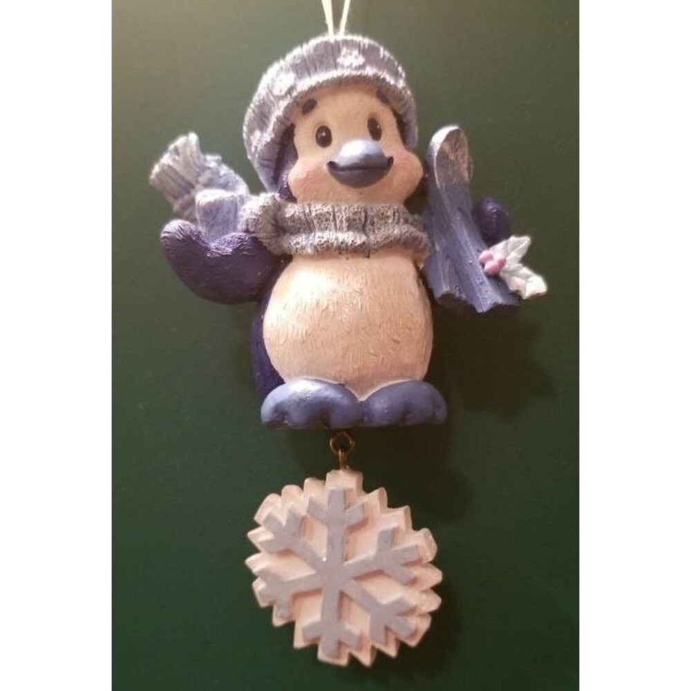 Vintage Blue & White Penguin Resin Christmas Ornament Skis Hat Gloves Snowflake